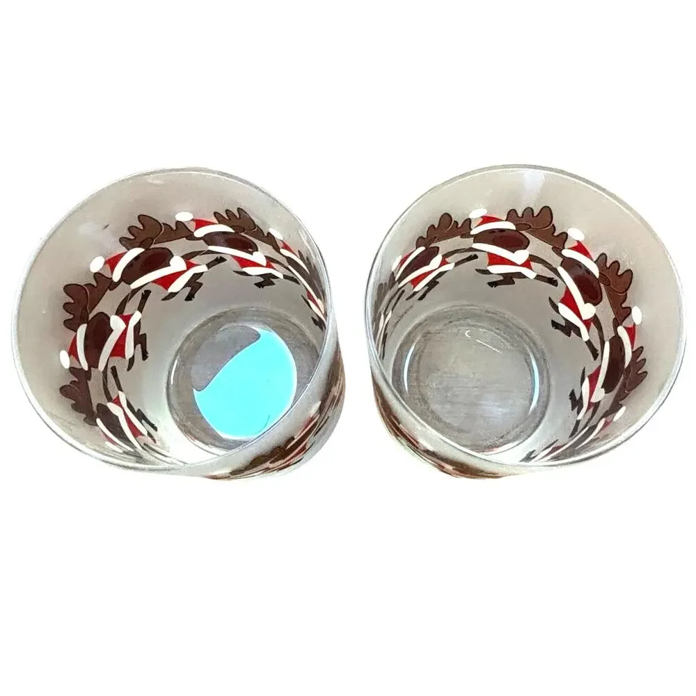 Vintage Culver Glass frosted Christmas Cocktail Glasses PAIR Dancing Santa Moose